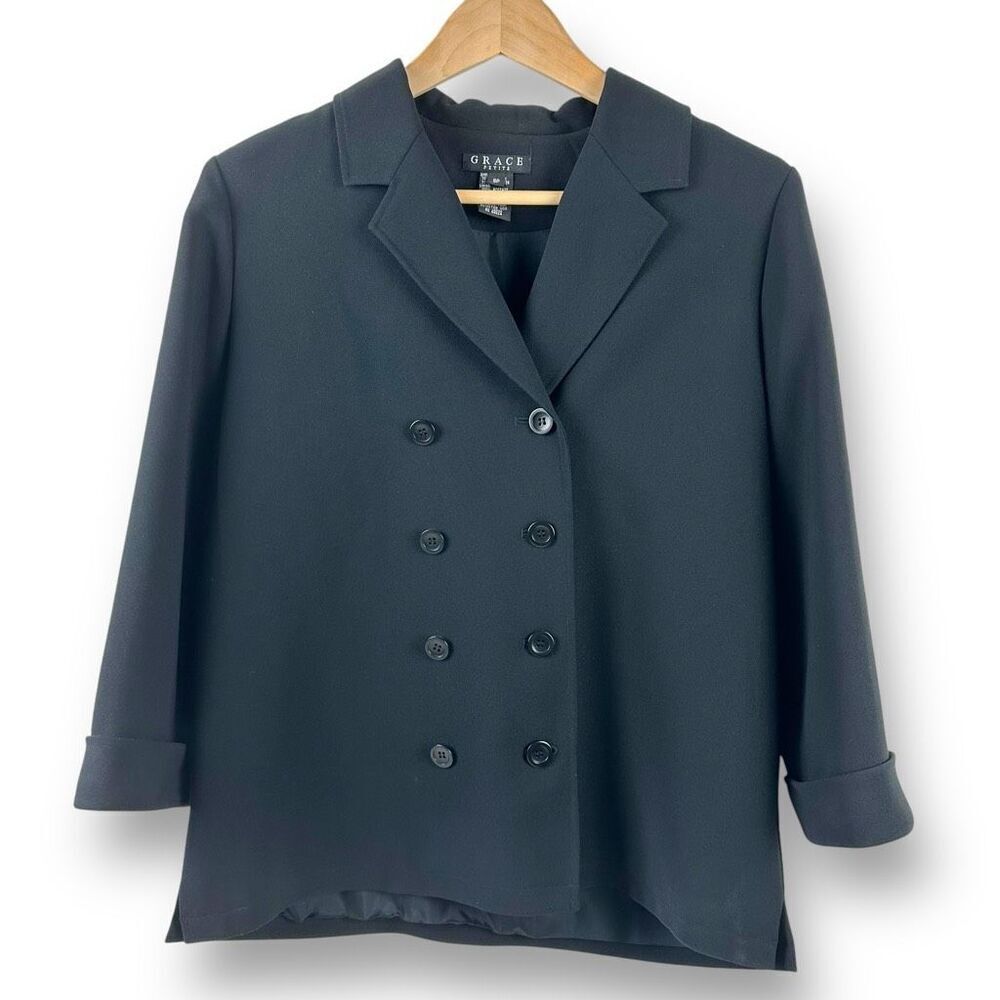 Grace Women's 8 Petite Double Breasted Blazer Jacket Black Classic Office Career